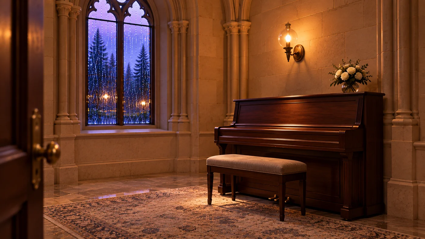 Upright piano in a quiet stone music room