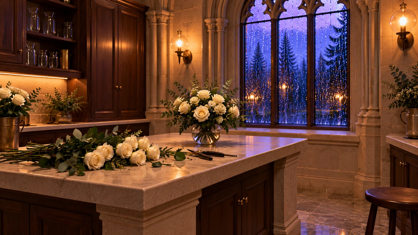 White roses on a stone flower-arranging table