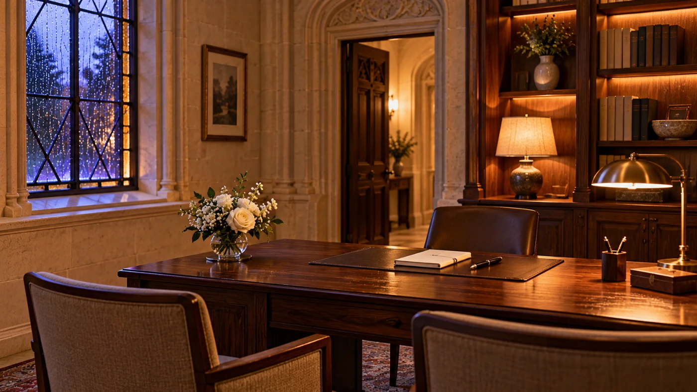 Private writing office with a walnut desk and visitor chairs