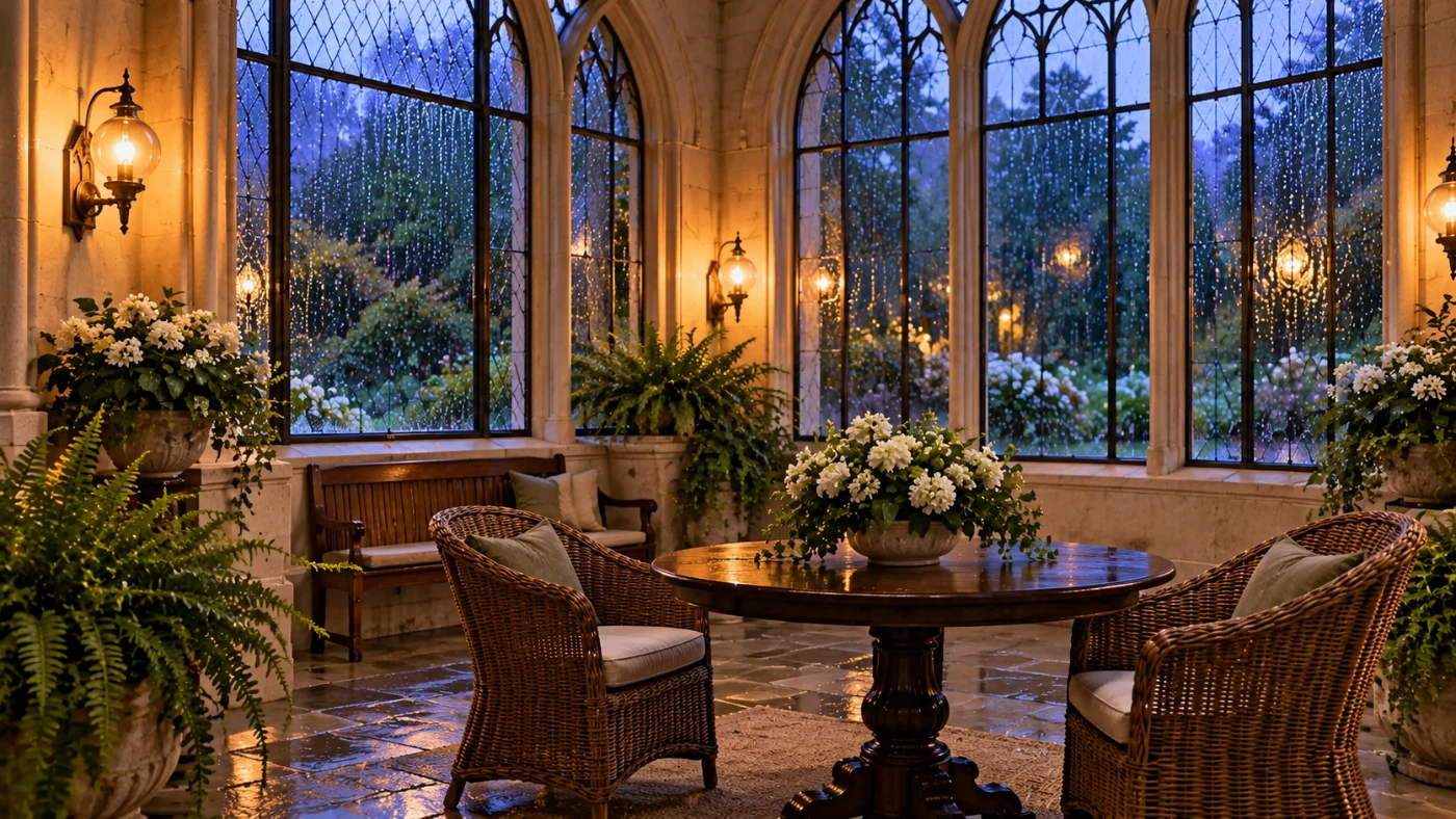 Stone conservatory with rain windows and wicker chairs