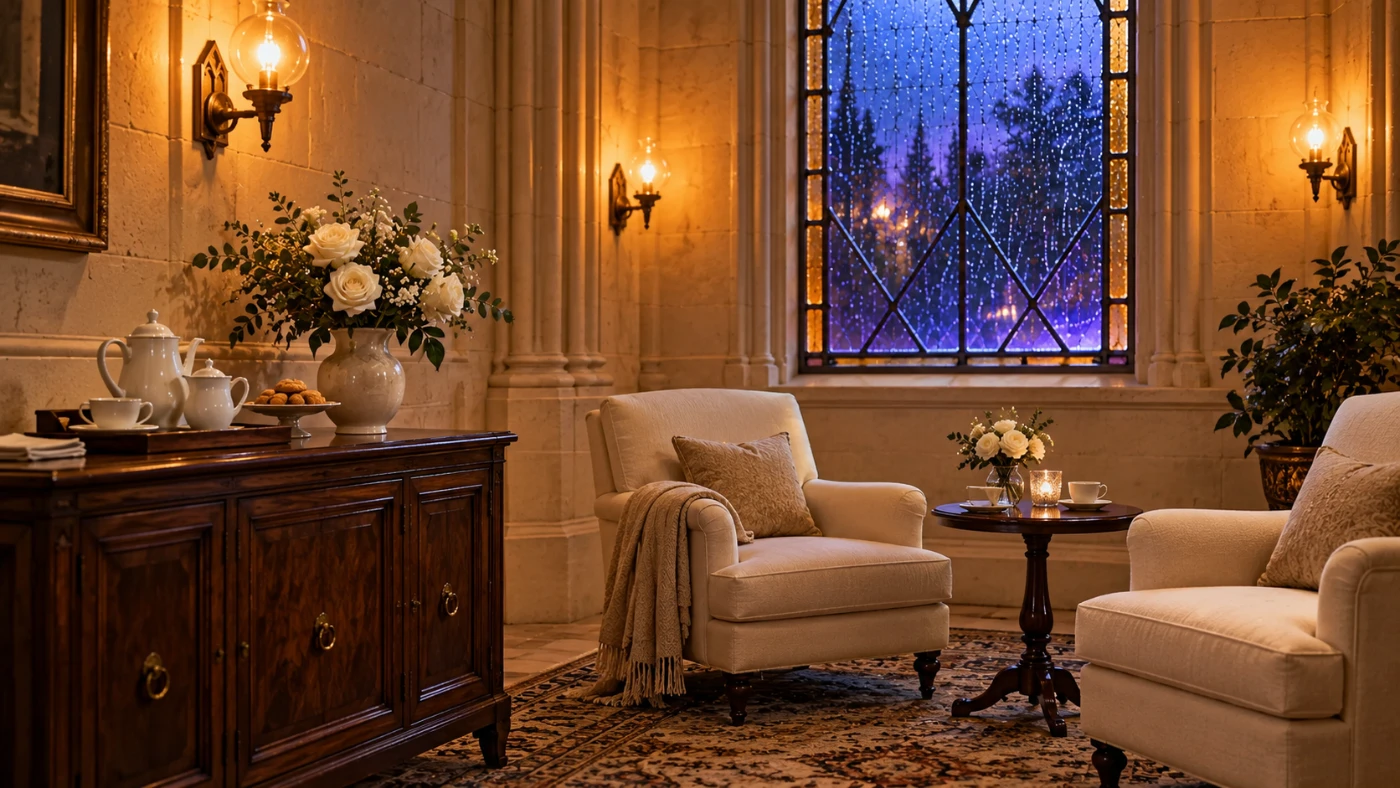 Family refreshment lounge with armchairs and tea service