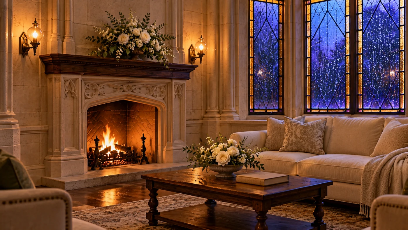 Quiet room with a fireplace, sofa and white roses