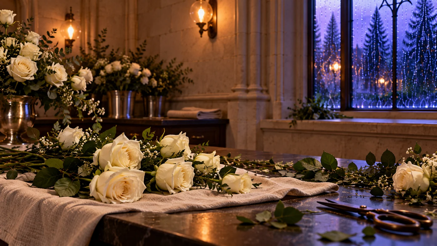 Quiet room with white roses