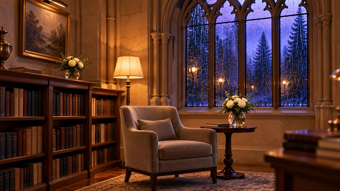 Quiet reading room with warm lamps