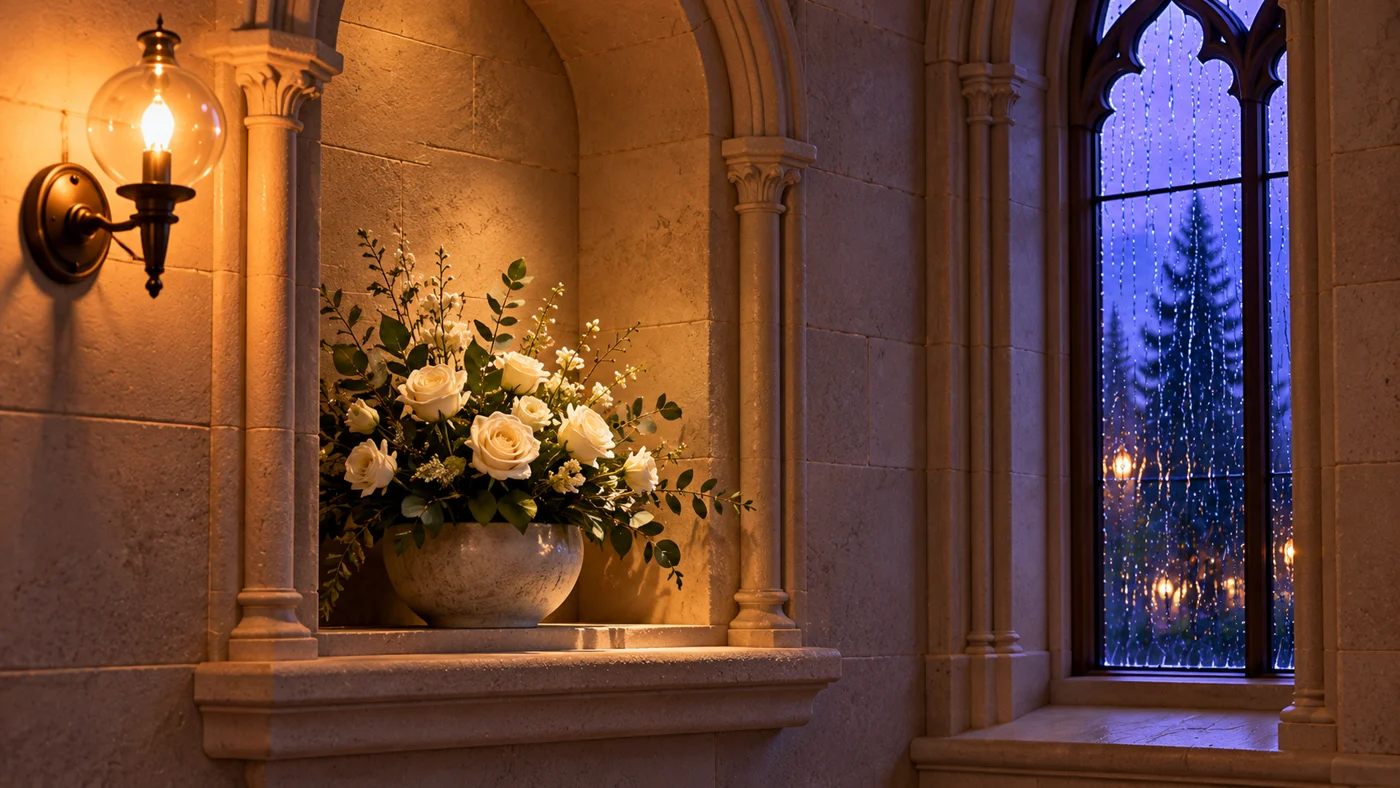 White roses in a carved stone niche