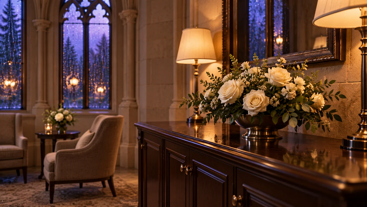 Prepared scene: White roses in a sitting room