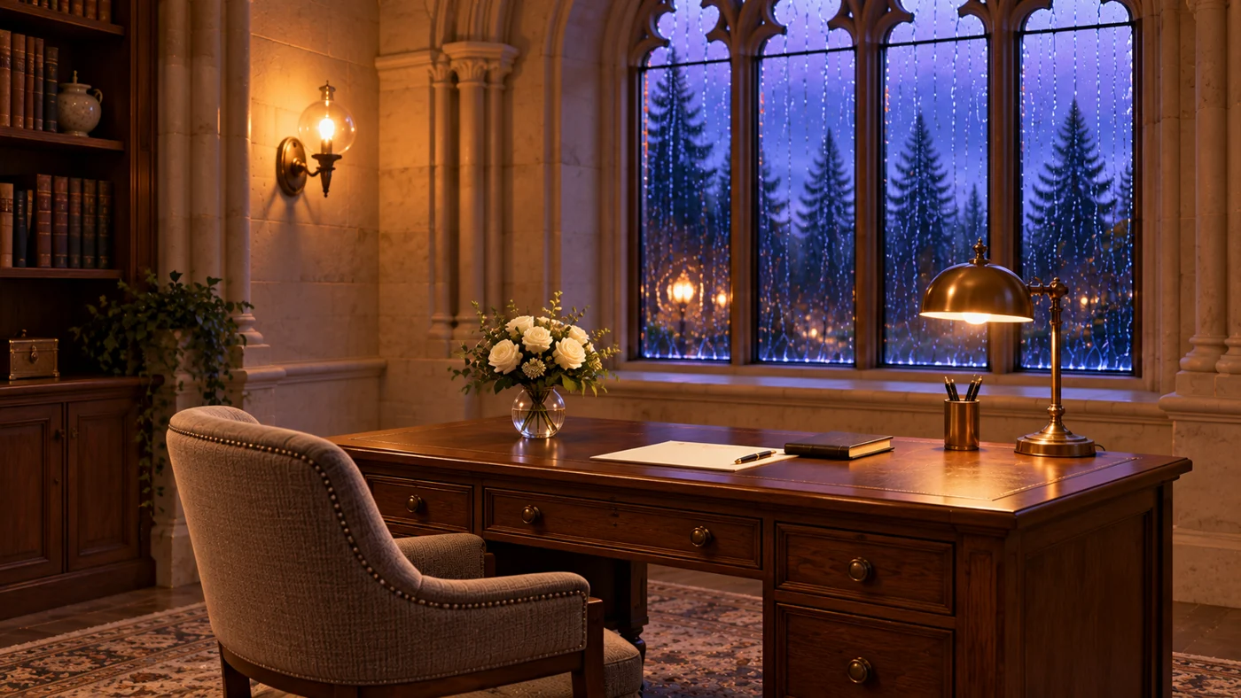 Writing table beside a rainy window