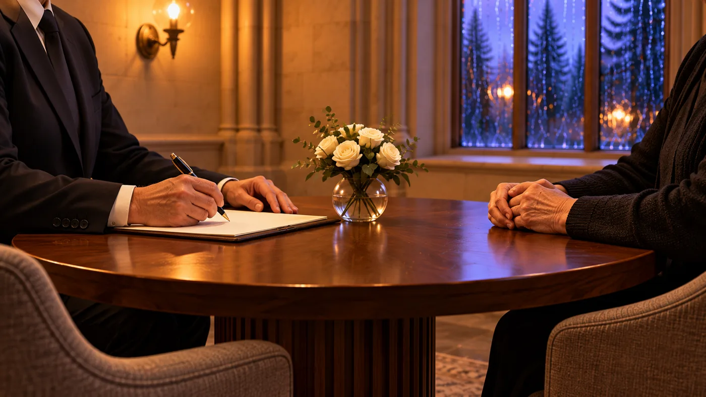 Prepared scene of two people at a meeting-room table, shown from the shoulders down