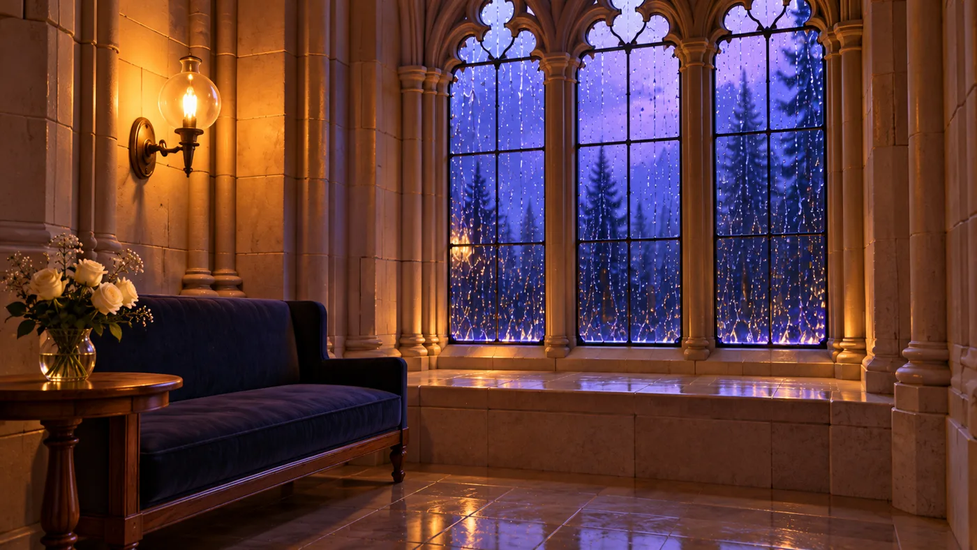 Prepared scene: Rain on a window in a quiet alcove