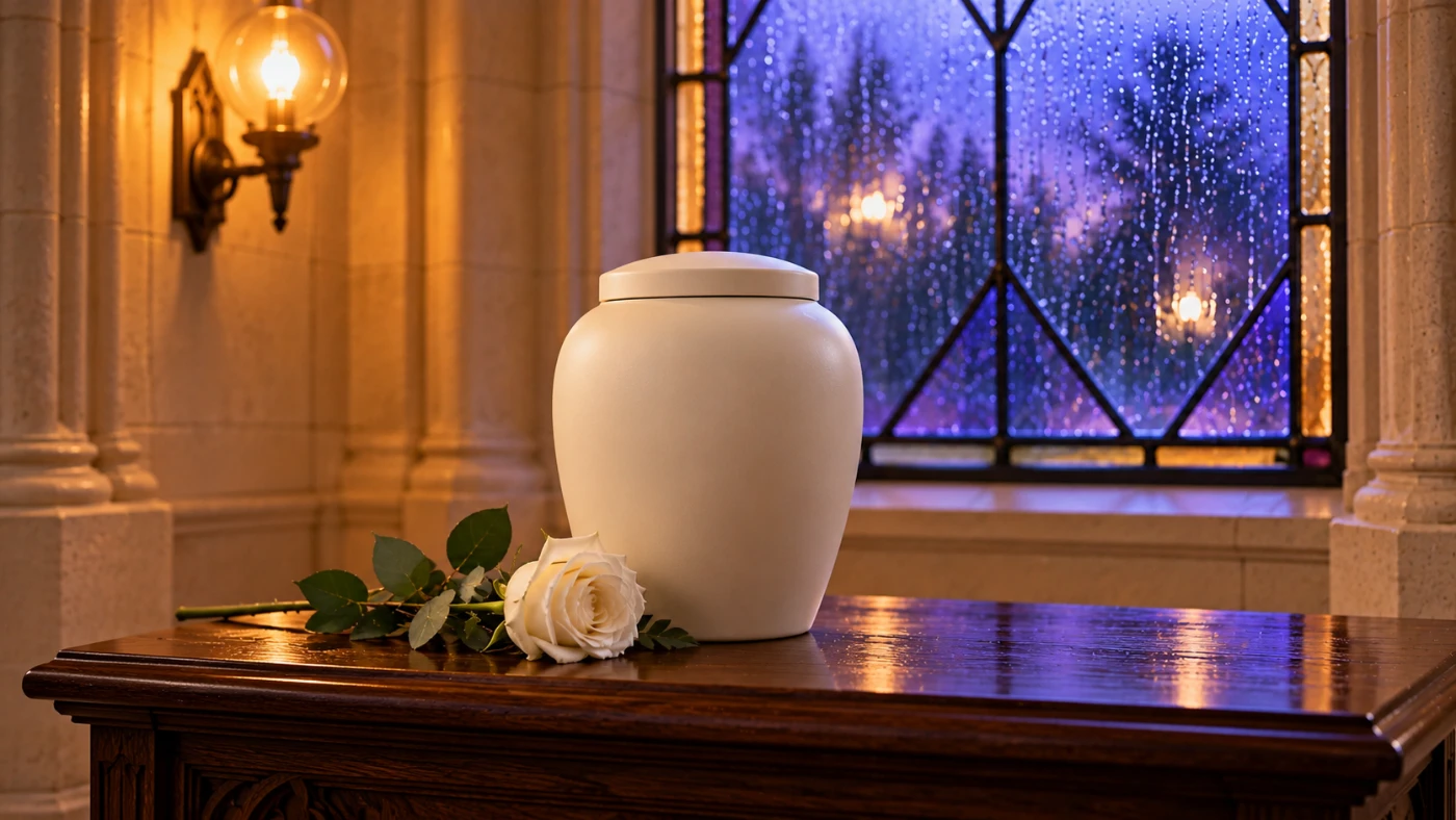 Prepared scene: Closed ivory urn and a white rose on a simple table