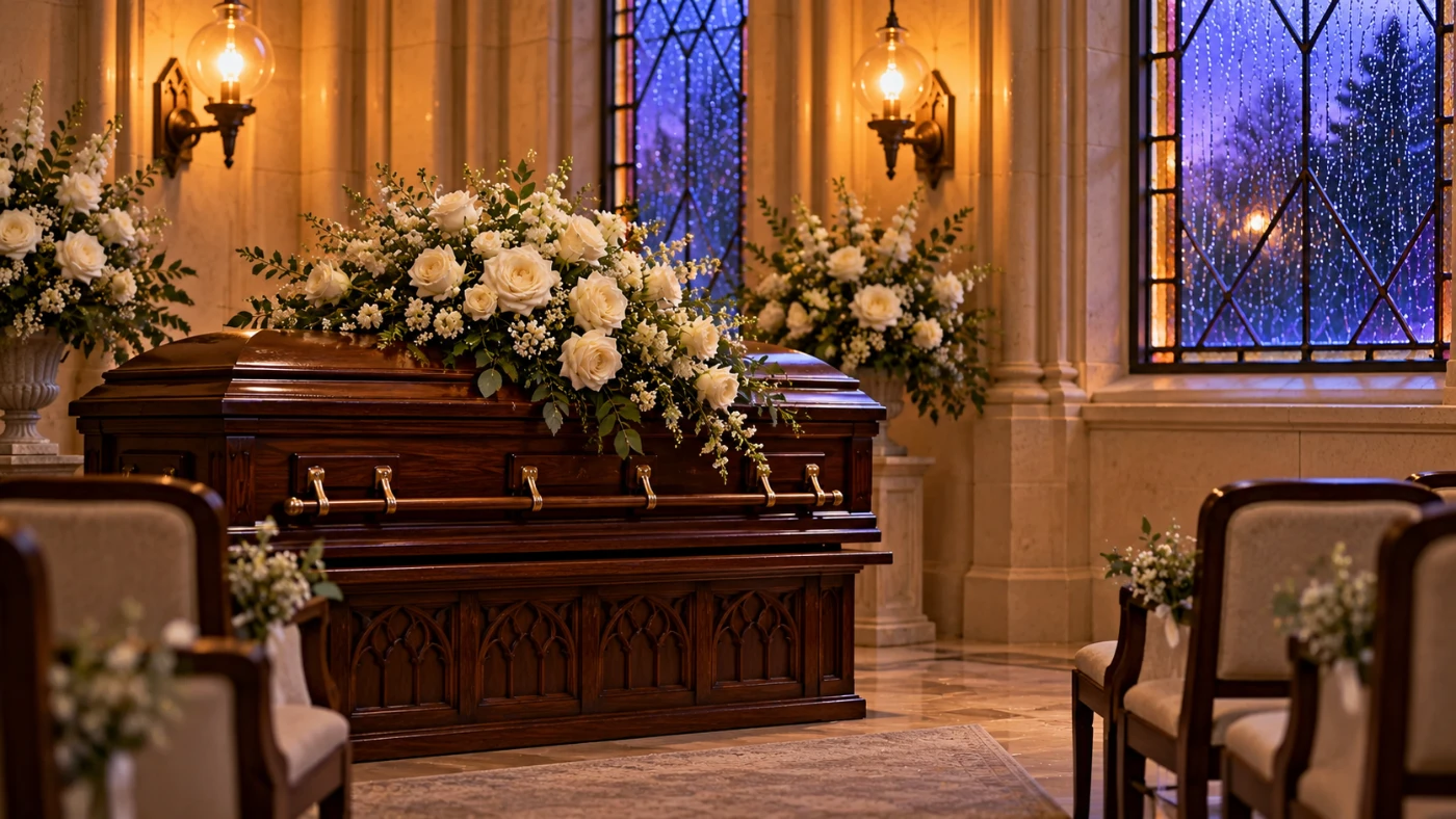 Prepared scene: Closed walnut casket with white flowers and empty chairs